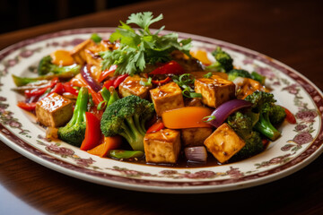 A close-up shot of a beautifully plated tofu stir-fry garnished with colorful vegetables showcasing the artistry and versatility of tofu 