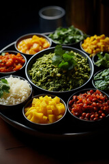 A beautifully arranged assortment of global vegetarian dishes showcasing an array of colorful spices and ingredients background with empty space for text 