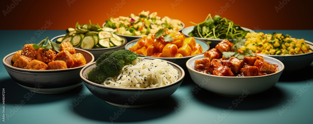 Poster a beautifully arranged assortment of global vegetarian dishes showcasing an array of colorful spices