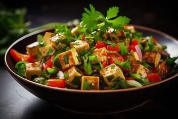 A close-up of a vibrant tofu salad garnished with fresh herbs on a gradient background 