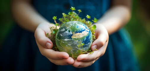 green planet from grass in children's hands