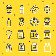 Set line Sleeveless T-shirt, Sports nutrition, Weight, Dumbbell, Kettlebell, Punching bag, Location gym and plate icon. Vector