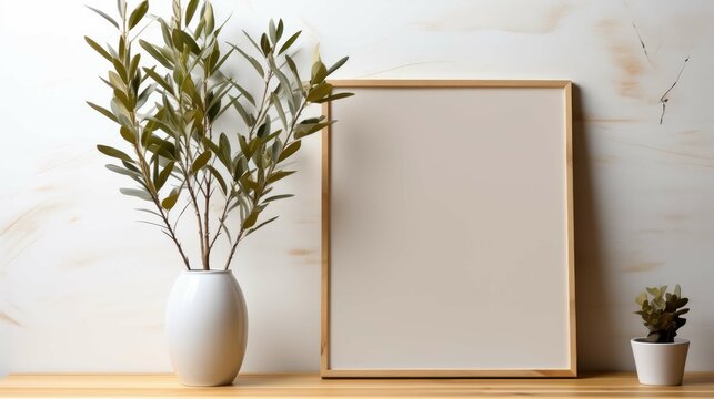 A blank picture frame with leaves on table