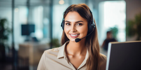 Young woman with a call centre headset. Generative AI