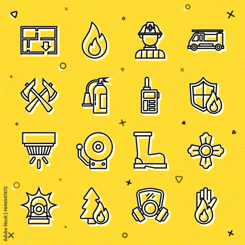 Sticker Set line No fire, Firefighter, protection shield, extinguisher, axe, Evacuation plan and Walkie talkie icon. Vector