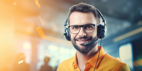 Call center. Portrait of handsome smiling man in head-phones. Generative AI