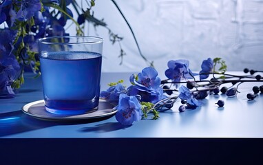 Blue matcha tea in a glass	