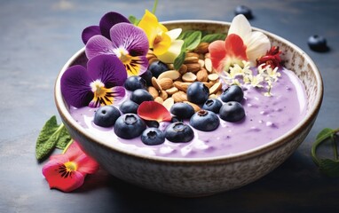 Blue matcha smoothie in a bowl decorated with butterfly pea flowers, berries and nuts on a table