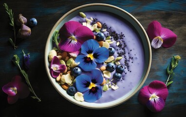 Obraz na płótnie Canvas Overhead shot of blue matcha smoothie in a bowl decorated with butterfly pea flowers and berries