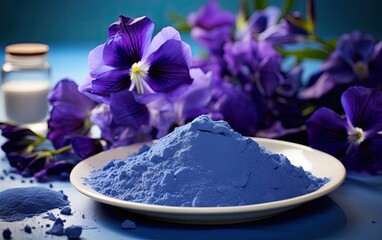 Obraz na płótnie Canvas Blue matcha powder in a bowl surrounded by butterfly pea flowers 