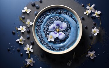 Obraz na płótnie Canvas Overhead shot of blue matcha smoothie in a bowl decorated with butterfly pea flowers and berries on a table