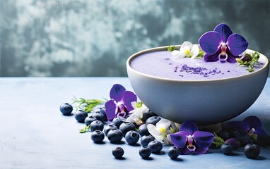 Blue matcha smoothie in a bowl decorated with butterfly pea flowers and berries on a table