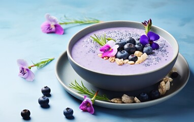Obraz na płótnie Canvas Blue matcha smoothie in a bowl decorated with butterfly pea flowers, berries, and nuts on a table