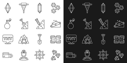 Set line Gem stone, Dynamite, Conveyor belt carrying coal, Shovel and, Bomb, and Construction jackhammer icon. Vector