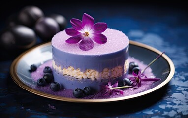 Obraz na płótnie Canvas Blue matcha cake decorated with butterfly pea flowers on a plate