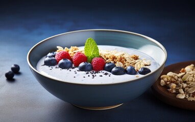 Blue matcha smoothie in a bowl decorated with nuts and berries on a table