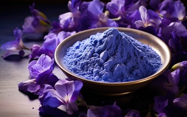 Obraz na płótnie Canvas Blue matcha powder in a bowl surrounded by butterfly pea flowers 