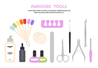 Manicure tools set. Nail with scissors, colorful fingernails at sticks. Fashion, beauty and elegance. Poster or banner. Cartoon flat vector collection isolated on white background