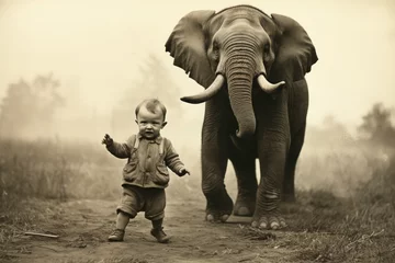 Zelfklevend Fotobehang A human toddler can be seen in the foreground and an elephant in the background. © Irina