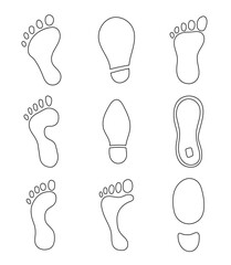 Different human footprints. Coloring Page. Shoe tread imprint. Hand style. Vector drawing. Collection of design elements.