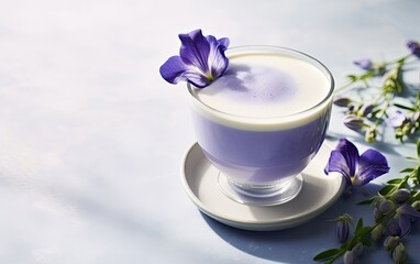 Obraz na płótnie Canvas Blue matcha smoothie in a glass cup on a table decorated with butterfly pea flowers