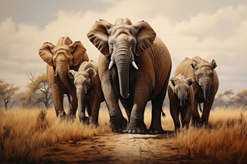 Fototapeta premium A herd of elephants with small calves is approaching us.