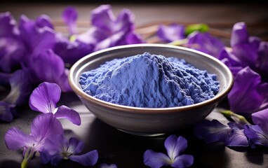 Obraz na płótnie Canvas Blue matcha powder in a bowl surrounded by butterfly pea flowers