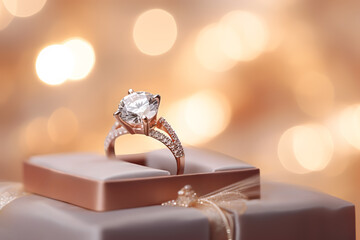 Sparkly shiny ring with diamond in a gift box. Beautiful present for marriage, Valentine's Day or other big celebration