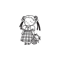Handdrawn kid illustration, child drawing, cute kid, girl with a doll