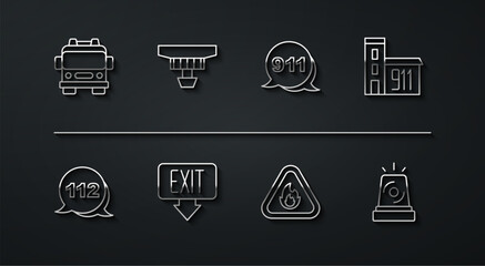 Set line Fire truck, Emergency call, Building of fire station, flame triangle, exit, Smoke alarm system, Flasher siren and 911 icon. Vector