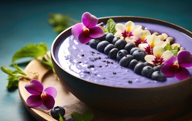 Obraz na płótnie Canvas Blue matcha smoothie in a bowl decorated with butterfly pea flowers and berries on a table