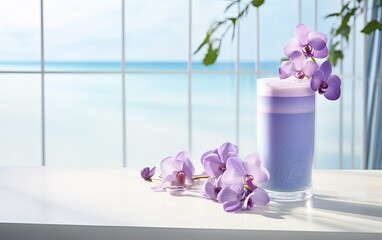 Blue matcha smoothie in a glass on a table decorated with butterfly pea flowers