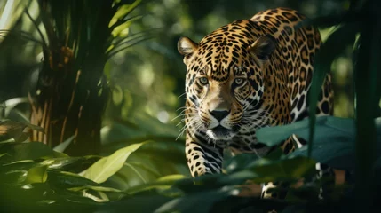 Fotobehang Silent Majesty: A Sleek Jaguar Prowling Through the Lush Vibrance of the forest. © Ai Studio