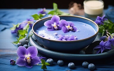 Obraz na płótnie Canvas Blue matcha smoothie in a bowl decorated with butterfly pea flowers on a table