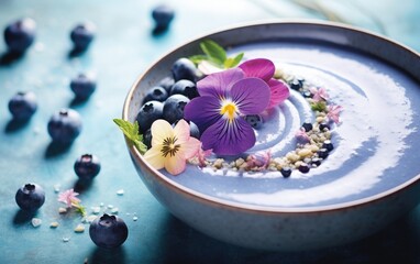 Obraz na płótnie Canvas Blue matcha smoothie in a bowl decorated with butterfly pea flowers and berries on a table