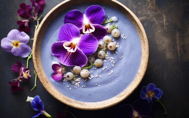 Obraz na płótnie Canvas Overhead shot of blue matcha smoothie in a bowl decorated with butterfly pea flowers