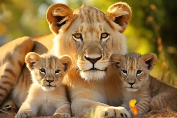 Gardinen Cute young lion cubs with their mother © Irina