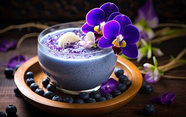 Obraz na płótnie Canvas Blue matcha smoothie in a glass bowl decorated with butterfly pea flowers and berries on a table 