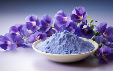 Blue matcha powder in a bowl surrounded by butterfly pea flowers