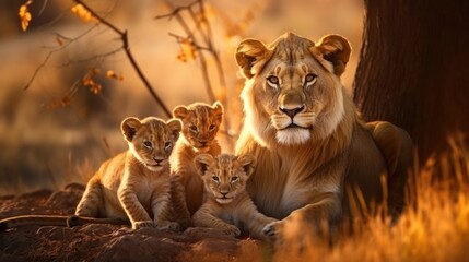 Naklejka premium Cute young lion cubs with their mother