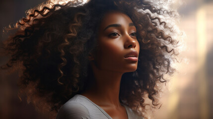 Radiant Afro Beauty: Happy, Young African Woman Exuding Fashion and Natural Curly Elegance.
