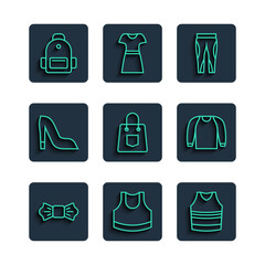 Set line Bow tie, Female crop top, Undershirt, Leggings, Handbag, Woman shoe, School backpack and Sweater icon. Vector