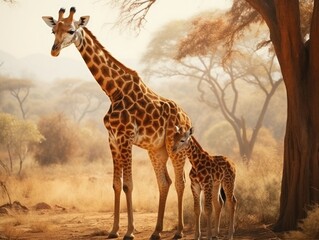 Obraz premium Beautiful giraffe mother with her calf in the wild in Africa.