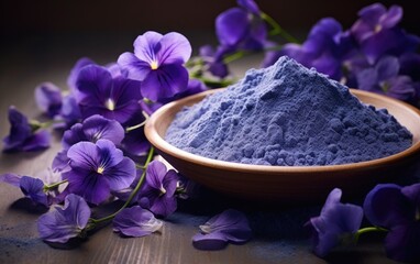 Blue matcha powder in a bowl surrounded by butterfly pea flowers on a table