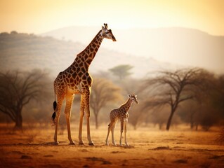 Fototapety  Beautiful giraffe mother with her calf in the wild in Africa.