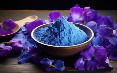 Obraz na płótnie Canvas Blue matcha powder in a bowl surrounded by butterfly pea flowers on a table