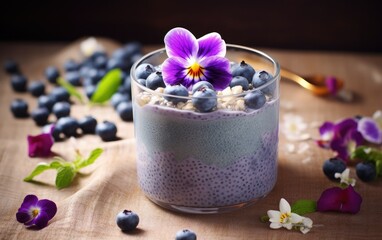 Obraz na płótnie Canvas Blue matcha smoothie in a glass decorated with butterfly pea flowers and berries on a table