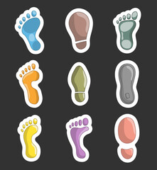 Different human footprints. Sticker Bookmark. Shoe tread imprint. Hand style. Vector drawing. Collection of design elements.
