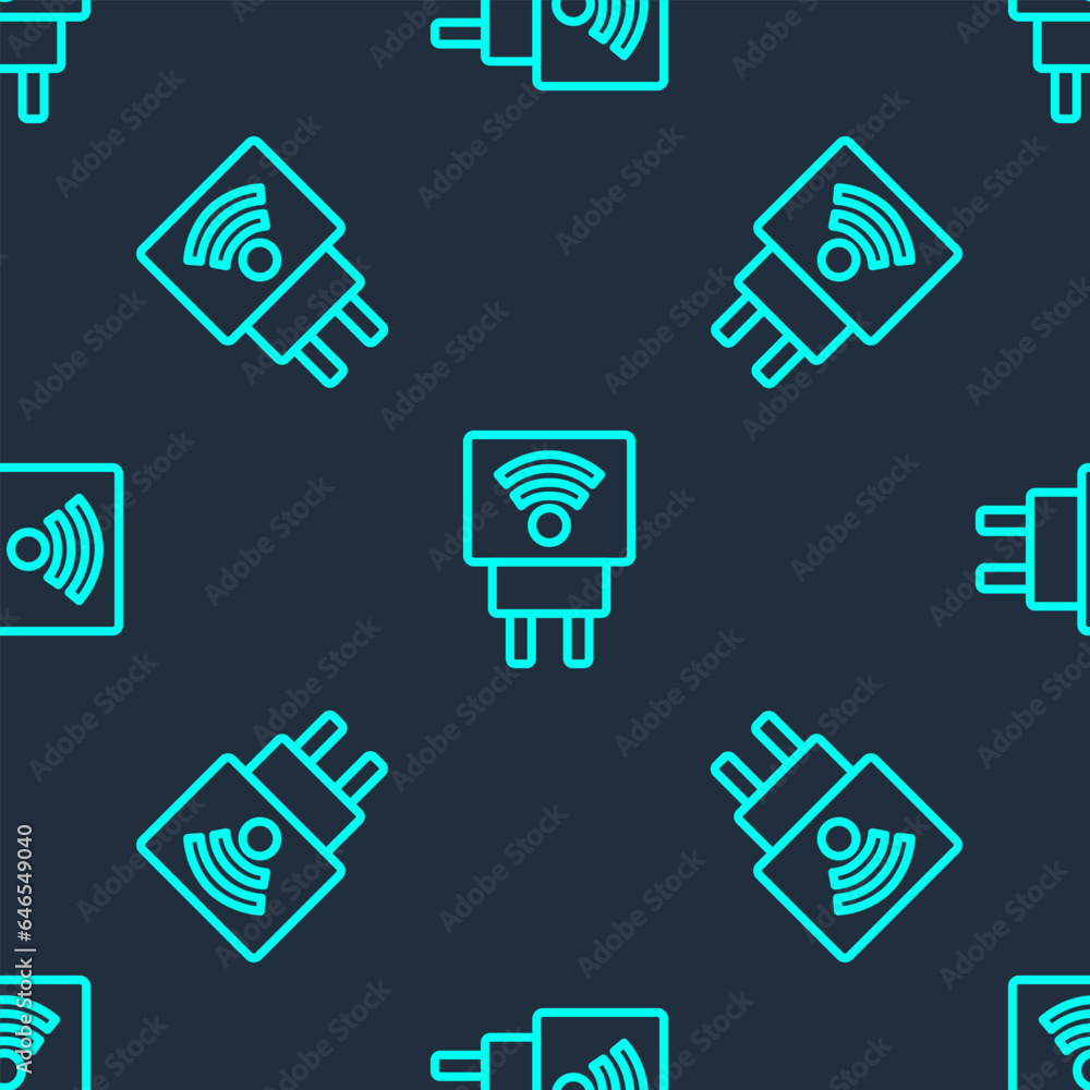 Poster green line smart electric plug system icon isolated seamless pattern on blue background. internet of