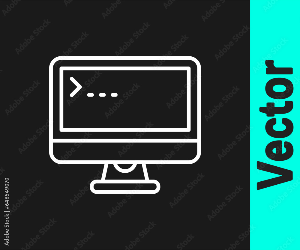 Poster white line computer monitor screen icon isolated on black background. electronic device. front view.